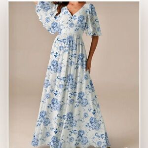 AW bridal Kenney Bridesmaid Formal Wedding Guest Dress blue floral long chiffon